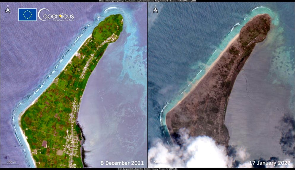 epa09692784 A handout satellite image made available by Copernicus, the European Union's Earth Observation Programme, shows the impact of the Hunga-Tonga Hunga'apai volcanic eruption when comparing Copernicus Sentinel-2 images acquired on 8 December 2021 (before the event) and 17 January 2022 (after the event), on Kanokupolu, Tongatapu island, Tonga (issued 18 January 2022). The Hunga Tonga-Hunga Ha'apai underwater volcano erupted in the Archipelago of Tonga on 15 January. According to scientists from the University of Auckland, the eruption was the most powerful recorded on Earth in the last 30 years. EPA/EUROPEAN UNION, COPERNICUS SENTINEL IMAGERY HANDOUT -- MANDATORY CREDIT: European Union, Copernicus Sentinel-2 imagery -- HANDOUT EDITORIAL USE ONLY/NO SALES