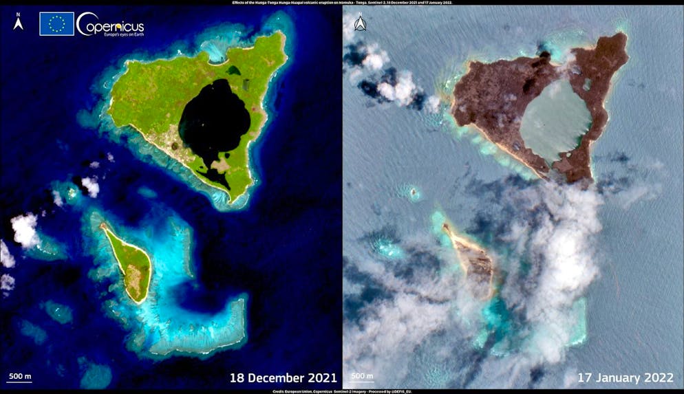 epa09692786 A handout satellite image made available by Copernicus, the European Union's Earth Observation Programme, shows the impact of the Hunga-Tonga Hunga'apai volcanic eruption when comparing Copernicus Sentinel-2 images acquired on 18 December 2021 (before the event) and 17 January 2022 (after the event), on the island of Nomuka, Tonga (issued 18 January 2022). The Hunga Tonga-Hunga Ha'apai underwater volcano erupted in the Archipelago of Tonga on 15 January. According to scientists from the University of Auckland, the eruption was the most powerful recorded on Earth in the last 30 years. EPA/EUROPEAN UNION, COPERNICUS SENTINEL IMAGERY HANDOUT -- MANDATORY CREDIT: European Union, Copernicus Sentinel-2 imagery -- HANDOUT EDITORIAL USE ONLY/NO SALES