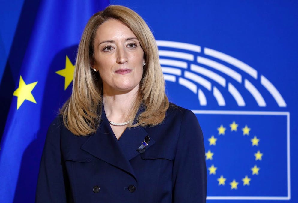 epa09691458 Roberta Metsola, ad interim president of the European Parliament attends a ceremony to honour the memory of Parliament's President David Sassoli, who passed away on 11 January, at the European Parliament in Strasbourg, France, 17 January 2022. EPA/JULIEN WARNAND