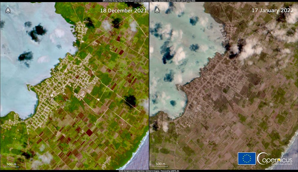 epa09692785 A handout satellite image made available by Copernicus, the European Union's Earth Observation Programme, shows the impact of the Hunga-Tonga Hunga'apai volcanic eruption when comparing Copernicus Sentinel-2 images acquired on 18 December 2021 (before the event) and 17 January 2022 (after the event), on Mu'a, Tongatapu island, Tonga (issued 18 January 2022). The Hunga Tonga-Hunga Ha'apai underwater volcano erupted in the Archipelago of Tonga on 15 January. According to scientists from the University of Auckland, the eruption was the most powerful recorded on Earth in the last 30 years. EPA/EUROPEAN UNION, COPERNICUS SENTINEL IMAGERY HANDOUT -- MANDATORY CREDIT: European Union, Copernicus Sentinel-2 imagery -- HANDOUT EDITORIAL USE ONLY/NO SALES
