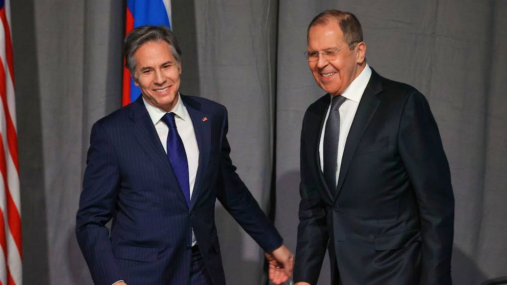 epa09616434 A handout picture made available by Russian Foreign ministry press service shows Russian Foreign Minister Sergey Lavrov (R) smiles with US Secretary of State Antony Blinken during their meeting on the OSCE meeting of member countries' foreign ministers at Quality Hotel Arlanda XPO outside Stockholm, Sweden, 02 December 2021. EPA/RUSSIAN FOREIGN MINISTRY PRESS SERVICE HANDOUT HANDOUT EDITORIAL USE ONLY/NO SALES