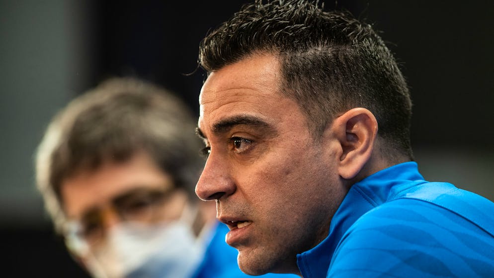 BARCELONA, SPAIN - JANUARY 01: Xavi Hernandez, head coach of FC Barcelona, attends during the press conference before La Liga Match round 19 at Ciutat Esportiva Joan Gamper on January 1, 2022 in Barcelona, Spain. (Photo By Marc Graupera Aloma/Europa Press via Getty Images)