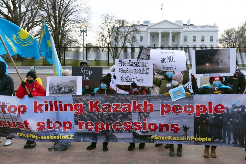 Members of Free Kazakhs protest outside the White House, demanding the U.S. intervention in Kazakhstan to support anti-regime protesters , during a rally in Washington, Saturday, Jan. 15, 2022 ( AP Photo/Jose Luis Magana)