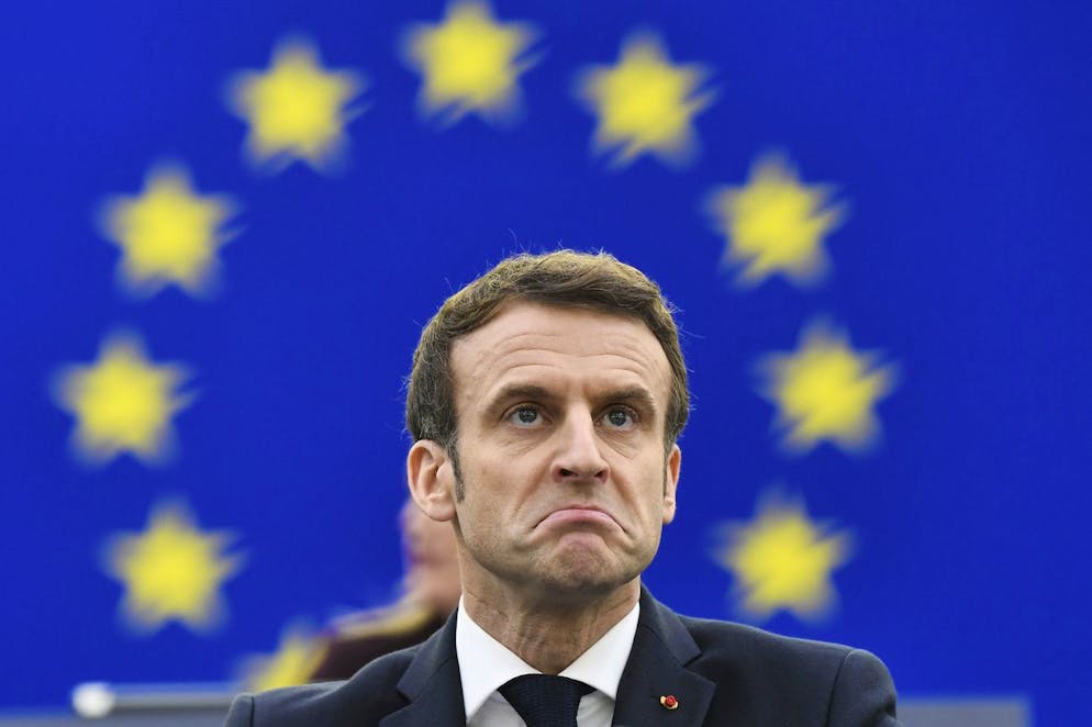 French President Emmanuel Macron delivers a speech at the European Parliament Wednesday, Jan. 19, 2022 in Strasbourg, eastern France. Macron called Wednesday on the European Union to quickly draw up a new security plan containing proposals to help ease tensions with Russia, as concern mounts that Russian President Vladimir Putin is planning an invasion of Ukraine. (Bertrans Guay, Pool Photo via AP)