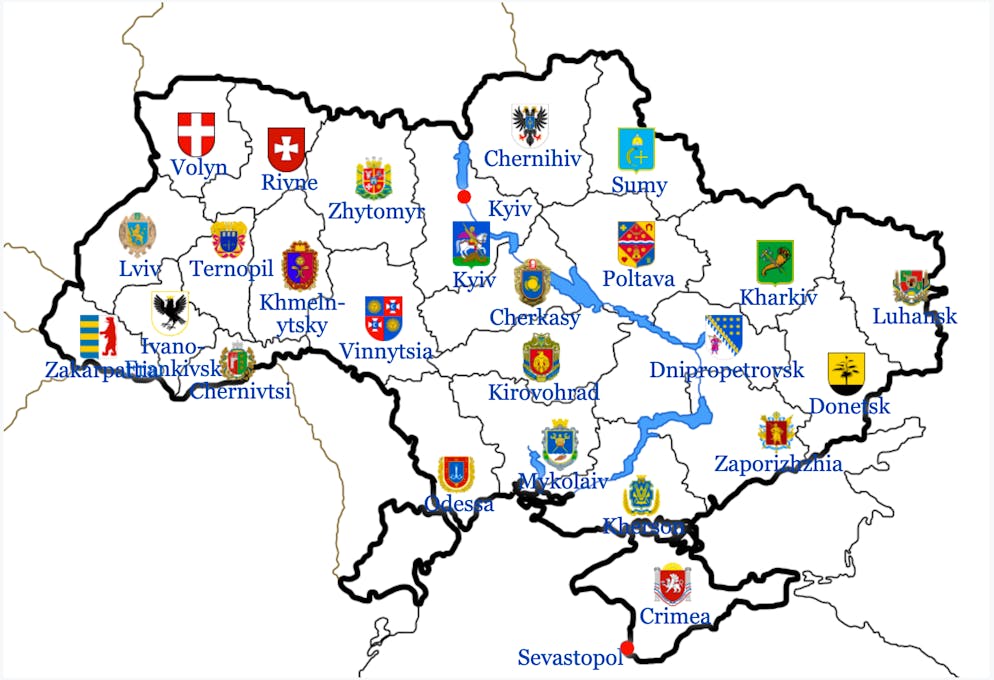 Verwaltungsgliederung der Ukraine (englische Schreibweise).