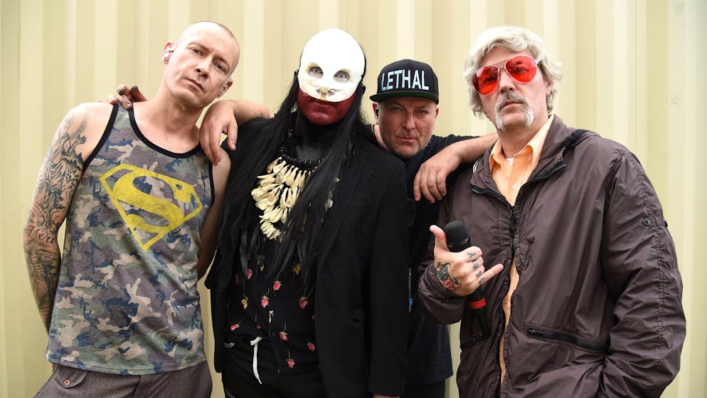 CHICAGO, ILLINOIS - JULY 31:   Sam Rivers, Wes Borland, DJ Lethal and Fred Durst of Limp Bizkit backstage at Lollapalooza 2021 at Grant Park on July 31, 2021 in Chicago, Illinois. (Photo by Kevin Mazur/Getty Images)