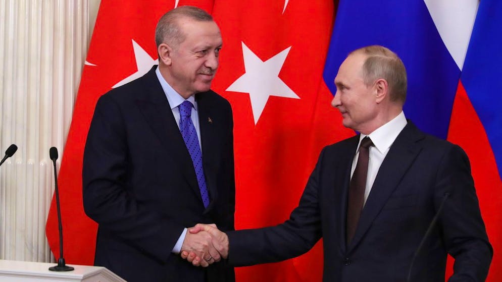 Russlands Präsident Wladimir Putin (rechts) empfängt 2020 im Kreml den türkischen Präsidenten Recep Tayyip Erdogan (links). EPA/MICHAEL KLIMENTYEV / SPUTNIK / KREMLIN POOL MANDATORY CREDIT
