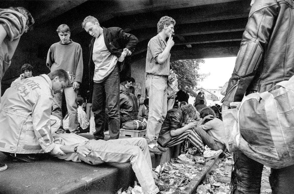The drug scene at the the old train station Letten in Zurich, Switzerland, pictured in July 1993. The Letten, successor of the open drug scene at the Platzspitz park, became known worldwide as 