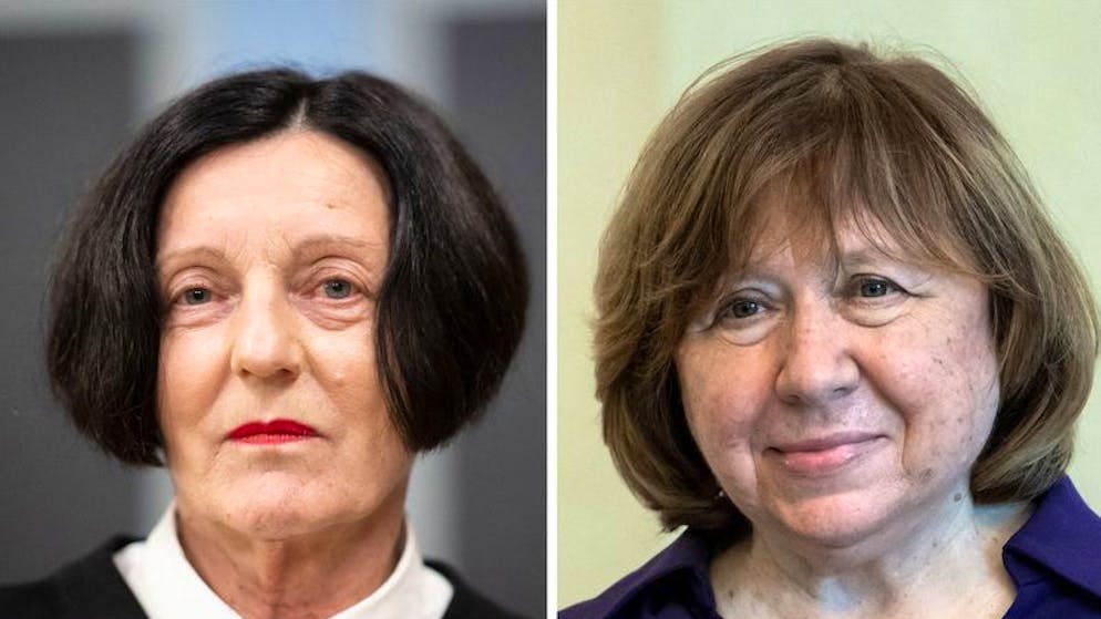 Herta Müller (l), Literatur- Nobelpreisträgerin von 2009 (Aufnahme vom 16.10.2021), und Swetlana Alexijewitsch, Literatur-Nobelpreisträgerin von 2015 (Aufnahme vom 14.10.2020). 