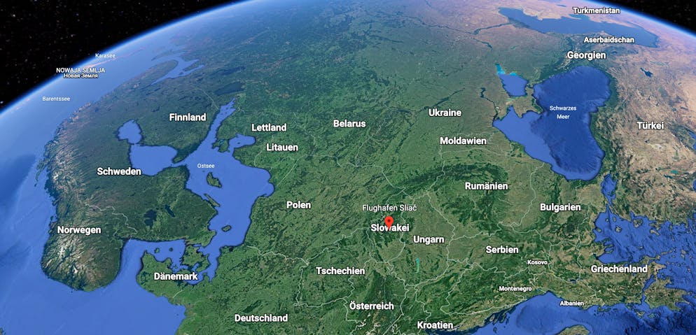 Lage von Sliac auf einer Karte, die vom Westen nach Osten blickt.