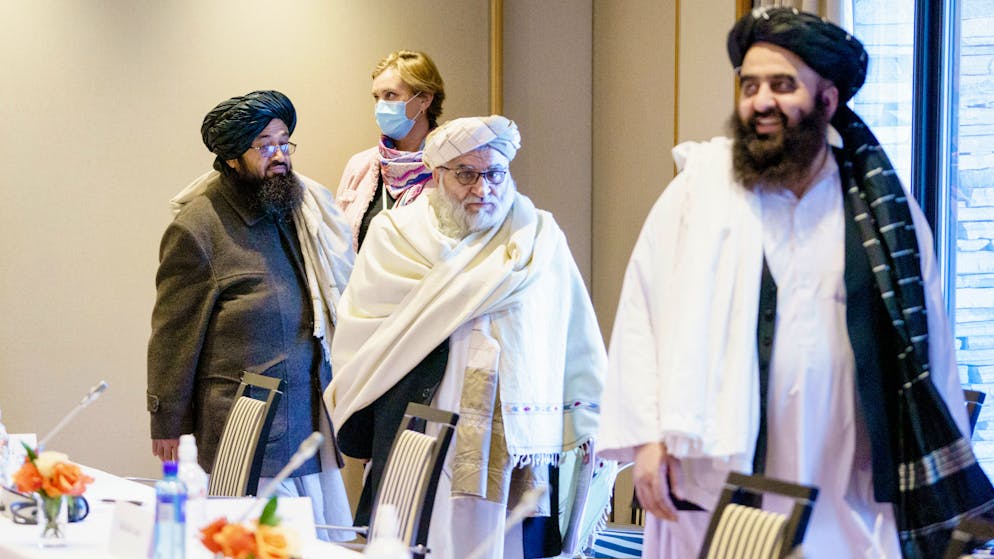 Representatives of the Taliban Sakhaullah Sayed, Mutiul Haq Nabi Kheel and Amir Khan Muttaqi during the meeting between Norwegian humanitarian organizations and representatives of the Taliban at the Soria Moria hotel in Oslo, Tuesday, Jan. 25, 2022. The last day of talks between the Taliban and western diplomats began in Oslo with a bilateral meeting with Norwegian government officials focused largely on the humanitarian situation in Afghanistan. The three-day talks opened on Sunday with talks between the Taliban and members of Afghan civil society, followed on Monday by multilateral talks with western diplomats, the EU, the U.S., Britain, France, Italy and hosts Norway. (Stian Lysberg Solum/NTB via AP)