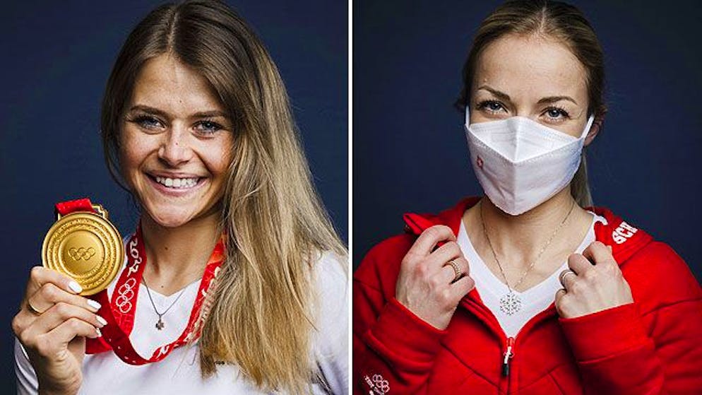 Zwei Medaillen fehlen, da im Koffer verstaut: Corinne Suter und Lara Gut-Behrami sind zurück in der Schweiz.