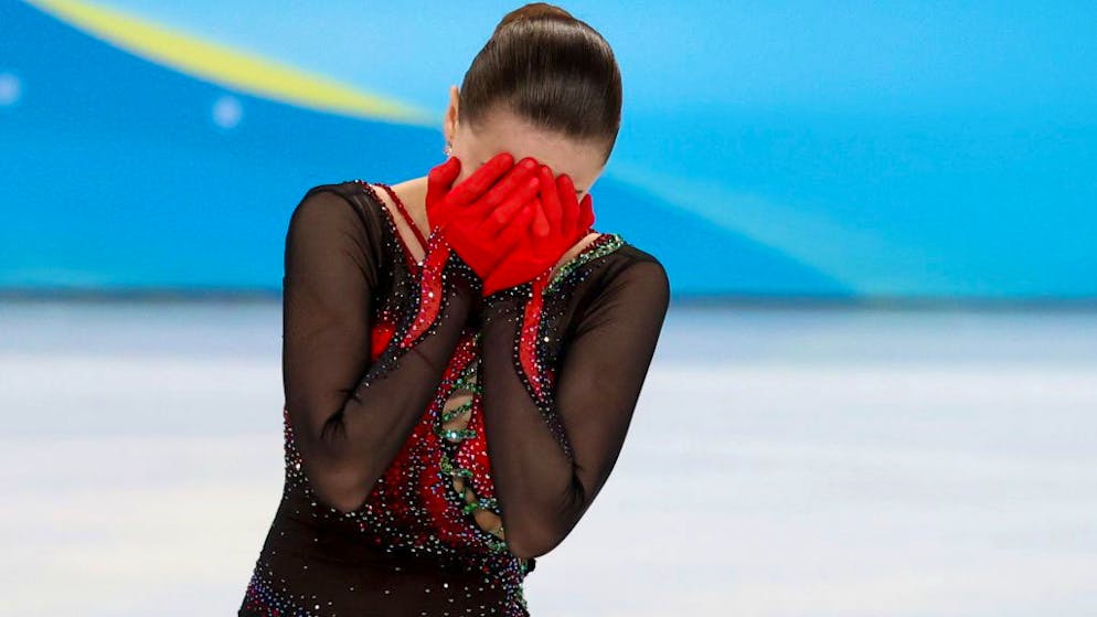 BEIJING, CHINA - FEBRUARY 17: Kamila Valieva of Russia looks dejected following her performance during the Women Single Skating Free Skating on day thirteen of the Beijing 2022 Winter Olympic Games at Capital Indoor Stadium on February 17, 2022 in Beijing, China. (Photo by Jean Catuffe/Getty Images)