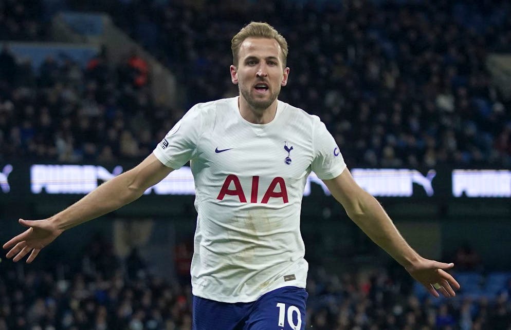 Tottenham's Harry Kane celebrates after scoring his side's second goal during the English Premier League soccer match between Manchester City and Tottenham Hotspur, at the Etihad stadium in Manchester, England, Saturday, Feb. 19, 2022. (AP Photo/Jon Super)