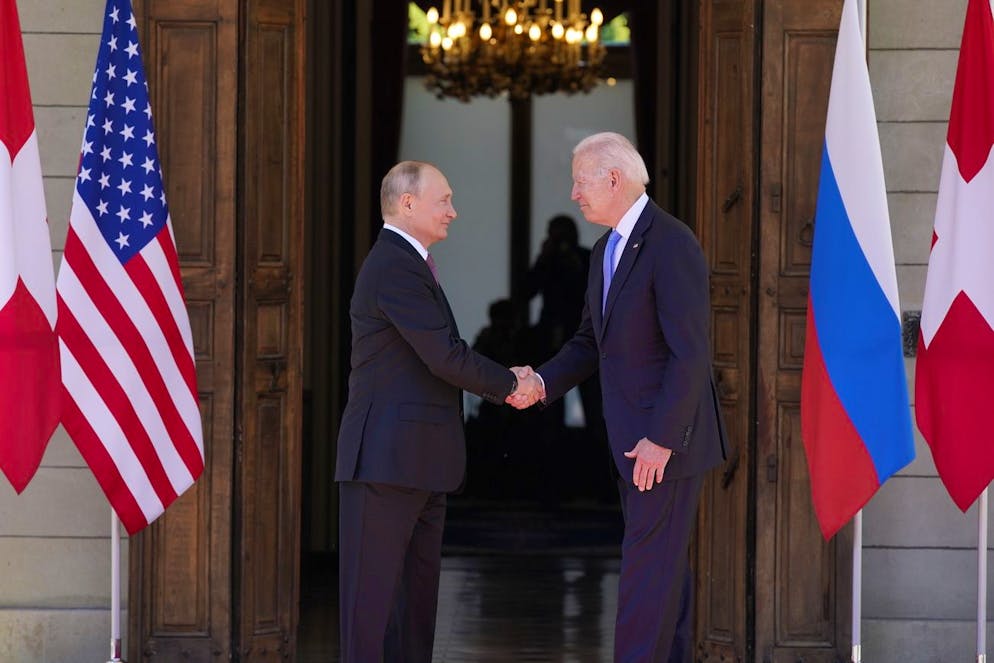 President Joe Biden and Russian President Vladimir Putin, arrive to meet at the 'Villa la Grange', Wednesday, June 16, 2021, in Geneva, Switzerland. (AP Photo/Patrick Semansky)
