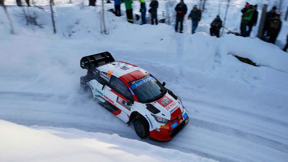 Finland's Kalle Rovanperä and his Finnish co-driver Jonne Halttunen drive their Toyota GR Yaris Rally1, class RC1 i car during the third and final stage of Rally Sweden, Rally WC competition 2 in Umeå Sweden, on February 27, 2022. - - Sweden OUT (Photo by Micke FRANSSON / TT NEWS AGENCY / AFP) / Sweden OUT (Photo by MICKE FRANSSON/TT NEWS AGENCY/AFP via Getty Images)