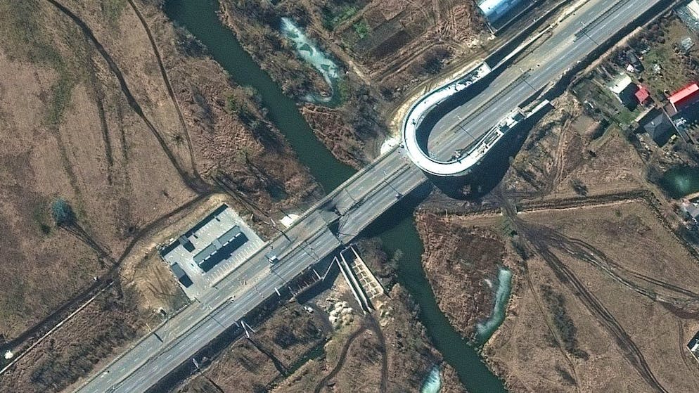 This satellite image provided by Maxar Technologies shows bridge damage in Stoyanka, a village west of Kyiv, Ukraine, Monday Feb. 28, 2022. (Satellite image ©2022 Maxar Technologies via AP)
