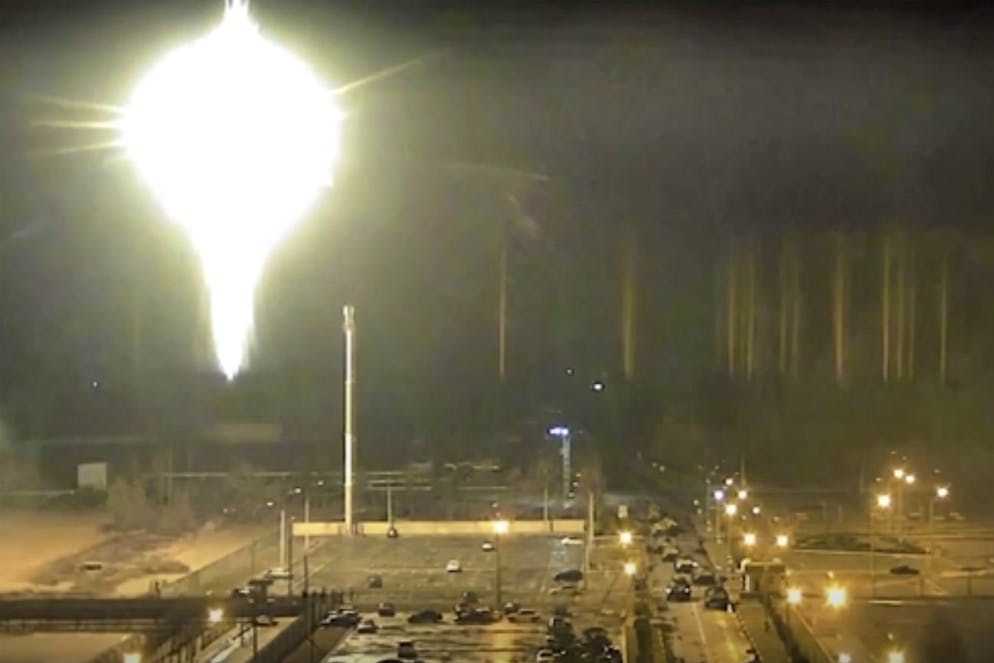 This image made from a video released by Zaporizhzhia nuclear power plant shows bright flaring object landing in grounds of the nuclear plant in Enerhodar, Ukraine Friday, March 4, 2022. Russian forces shelled EuropeâÄ™s largest nuclear plant early Friday, sparking a fire as they pressed their attack on a crucial energy-producing Ukrainian city and gained ground in their bid to cut off the country from the sea. (Zaporizhzhia nuclear power plant via AP)