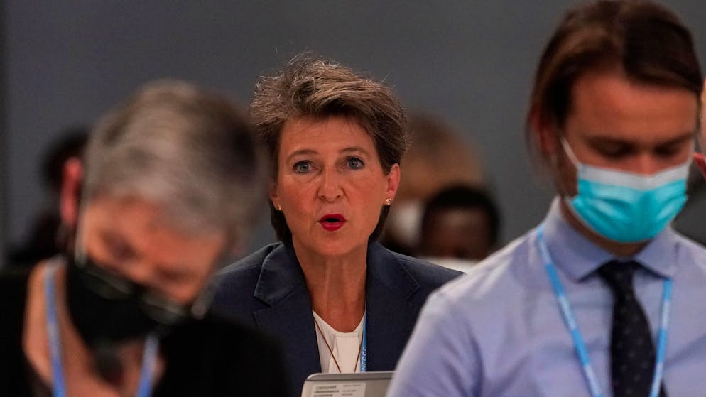 Simonetta Sommaruga, a member of the Swiss Federal Council speaks at a plenary session at the COP26 U.N. Climate Summit in Glasgow, Scotland, Friday, Nov. 12, 2021. Negotiators from almost 200 nations were making a fresh push Friday to reach agreements on a series of key issues that would allow them to call this year's U.N. climate talks a success. (AP Photo/Alberto Pezzali)