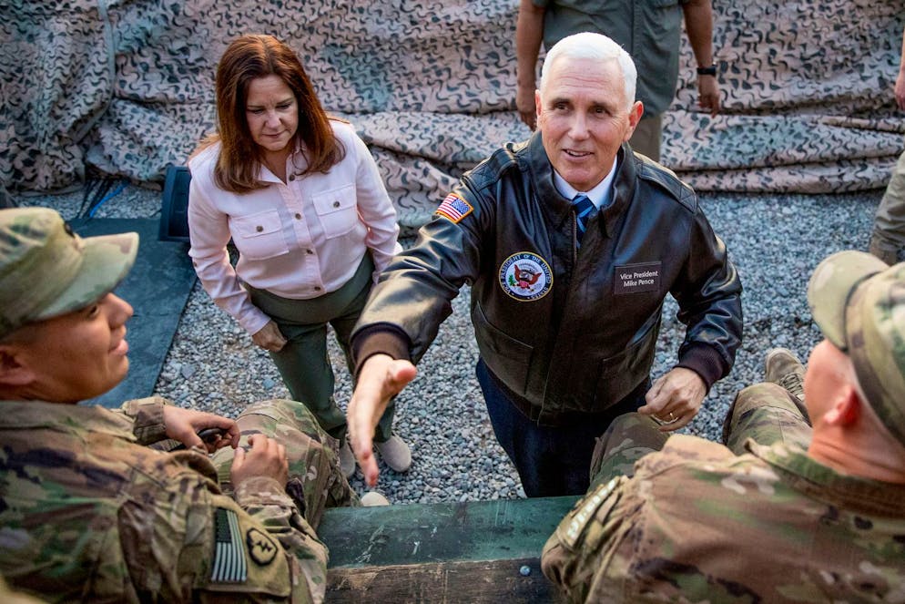 Vice President Mike Pence and his wife Karen Pence greets troops at Erbil International Airport in Erbil, Iraq, Saturday, Nov. 23, 2019. (AP Photo/Andrew Harnik)