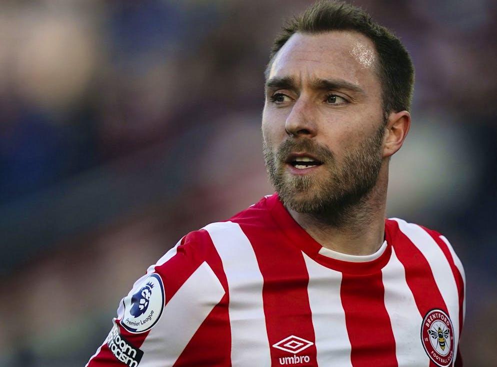 Brentford's Christian Eriksen in action, during the English Premier League soccer match between Brentford and Newcastle United at the Brentford Community Stadium, London, Saturday Feb. 26, 2022. (Aaron Chown/PA via AP)