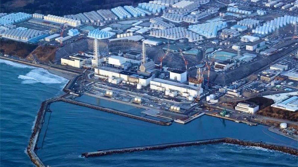 Ein Foto aus einem Flugzeug von Kyodo News zeigt das Kernkraftwerk Fukushima Daiichi in der Präfektur Fukushima am 17. März 2022.