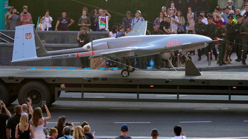 A Turkish-made Bayraktar TB2 drone is seen during a rehearsal of a military parade dedicated to Independence Day in Kyiv, Ukraine, Friday, Aug. 20, 2021. Ukraine will mark the 30th anniversary of its independence on Aug. 24. (AP Photo/Efrem Lukatsky)