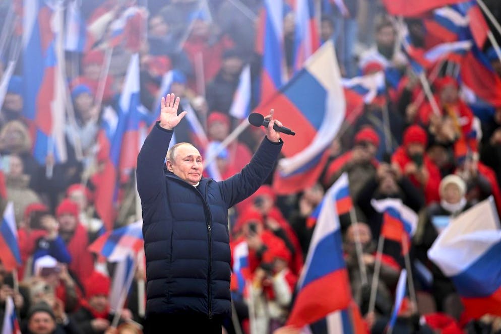 Russian President Vladimir Putin greets people after his speech at the concert marking the eighth anniversary of the referendum on the state status of Crimea and Sevastopol and its reunification with Russia, in Moscow, Russia, Friday, March 18, 2022. (Ramil Sitdikov/Sputnik Pool Photo via AP)
