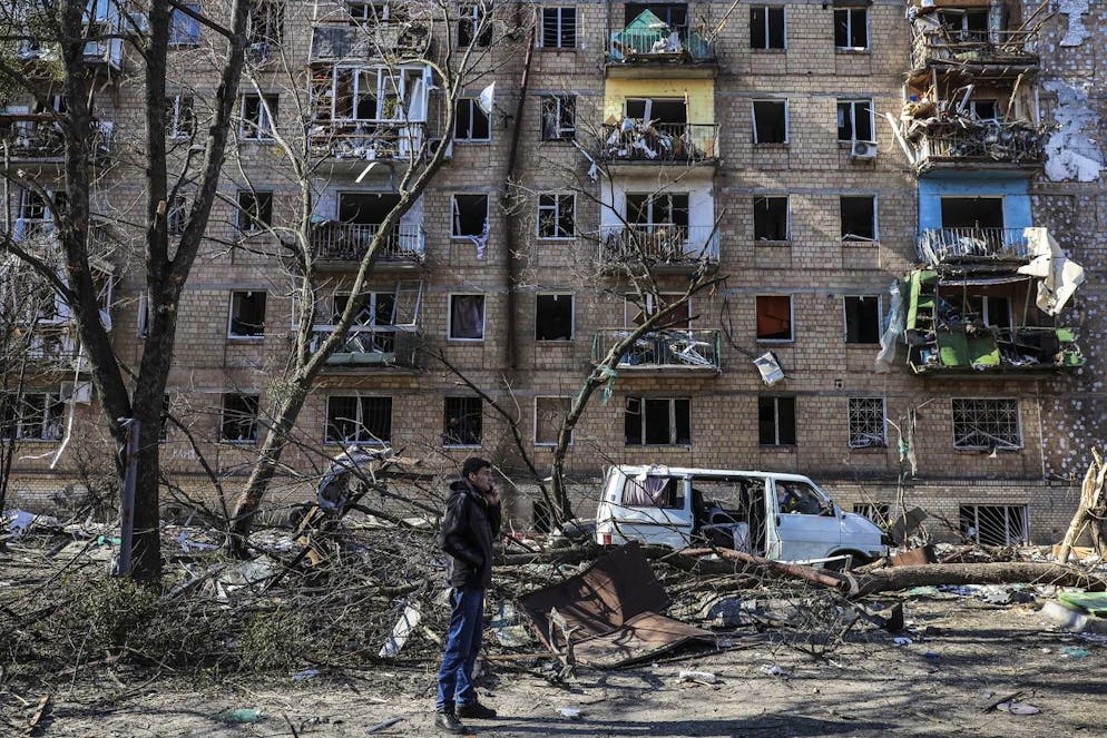 epa09833936 Buildings damaged by shelling in Kyiv as Russia's attack on Ukraine continues, Kyiv, Ukraine, 18 March 2022. On 24 February Russian troops had entered Ukrainian territory in what the Russian president declared a 'special military operation', resulting in fighting and destruction in the country, a huge flow of refugees, and multiple sanctions against Russia. EPA/MIGUEL A. LOPES