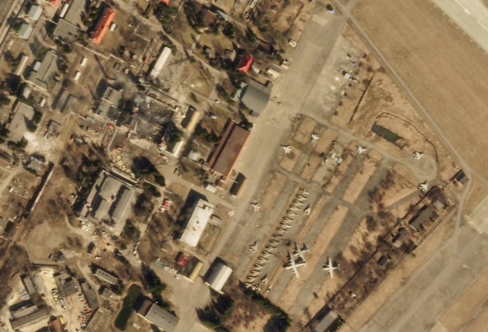In this satellite photo from Planet Labs PBC, damage from a Russian strike on Lviv's international airport is seen in Lviv, Ukraine, Friday, March 18, 2022. Russia launched a barrage of missiles Friday on the outskirts of the western city of Lviv. The early morning attack on Lviv's edge was the closest strike yet to the center of the city. (Planet Labs PBC via AP)