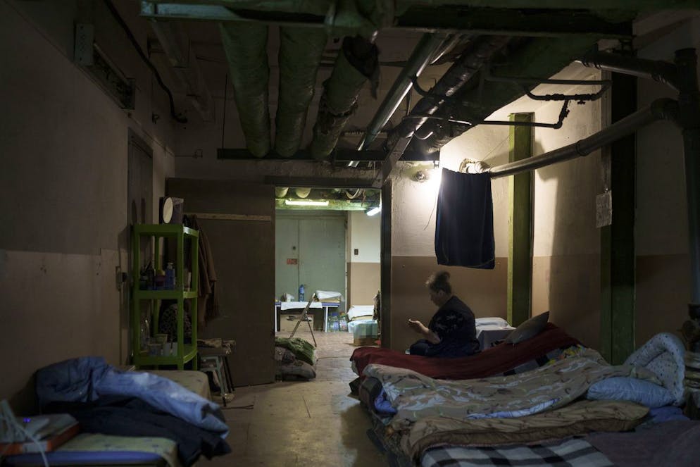 Medical staff rest in a basement used as a bomb shelter at the Ohmatdyt children's hospital in Kyiv, Ukraine, Saturday, March 19, 2022. (AP Photo/Felipe Dana)