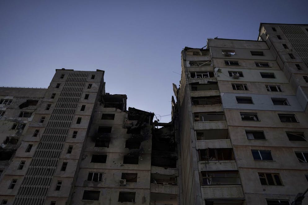 A view of the damage to a residential building after Russian strikes in Kharkiv, Ukraine, Thursday, March 24, 2022. (AP Photo/Felipe Dana)
