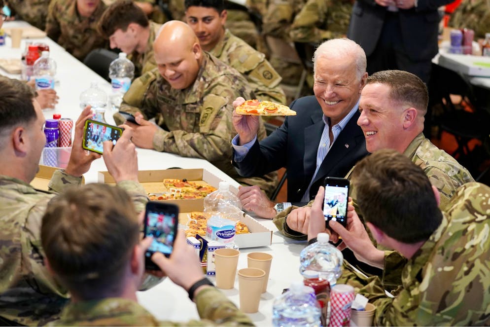 President Joe Biden visits with members of the 82nd Airborne Division at the G2A Arena, Friday, March 25, 2022, in Jasionka, Poland. (AP Photo/Evan Vucci)