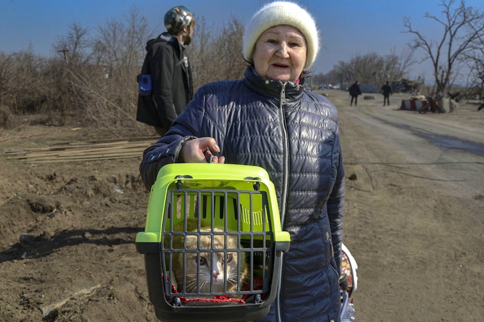 A woman carries her 8 years-old cat as she leaves Mariupol for some peaceful place on the territory which is under the Government of the Donetsk People's Republic control, on the outskirts of Mariupol, Ukraine, Thursday, March 24, 2022. (AP Photo/Alexei Alexandrov)