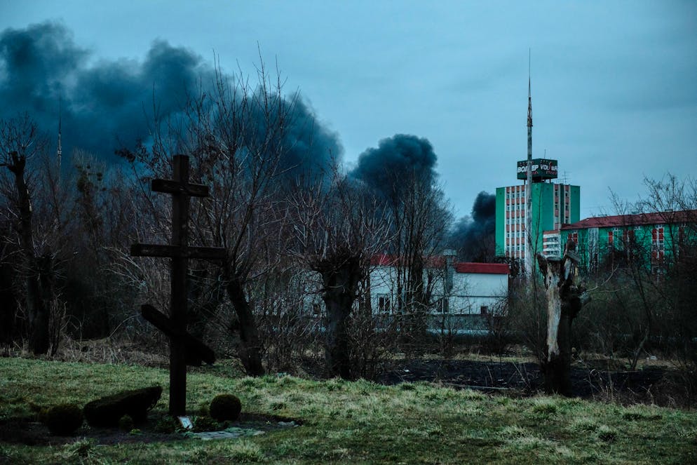 epa09851913 Smoke rises outside Lviv after a Russian airstrike, in Lviv, western Ukraine, 26 March 2022. Lviv Oblast governor Kozytskiy in a statement said three explosions were heard near Kryvchytsia and urged citizens to not reveal the locations on social media. On 24 February Russian troops had entered Ukrainian territory in what the Russian president declared a 'special military operation', resulting in fighting and destruction in the country, a huge flow of refugees, and multiple sanctions against Russia.  EPA/Wojtek Jargilo POLAND OUT