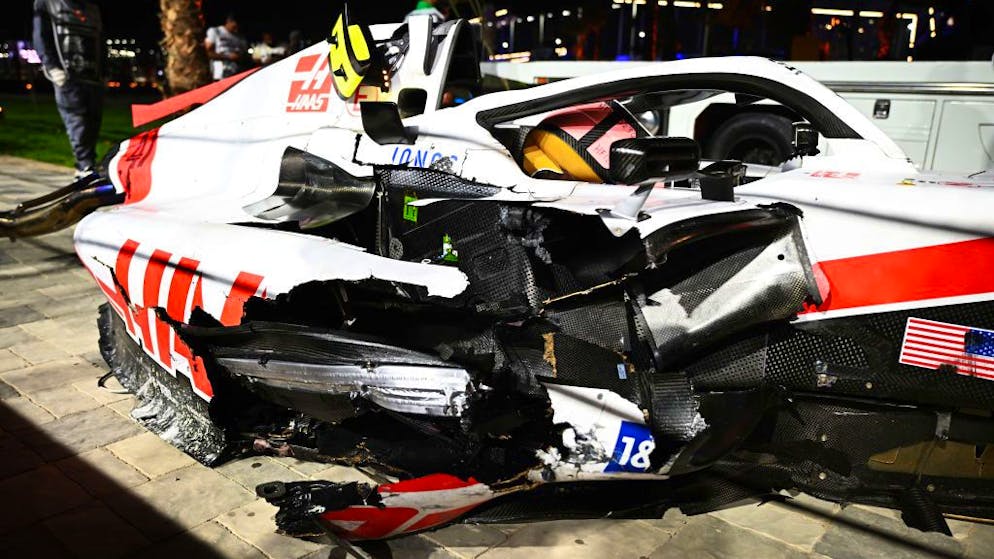 JEDDAH, SAUDI ARABIA - MARCH 26: The wrecked car of Mick Schumacher of Germany and Haas F1 is pictured at the side of the track after a crash during qualifying ahead of the F1 Grand Prix of Saudi Arabia at the Jeddah Corniche Circuit on March 26, 2022 in Jeddah, Saudi Arabia. (Photo by Clive Mason/Getty Images)