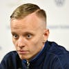 Kosovo's player Florent Hadergjonaj attends a press conference in Zurich, Switzerland, March 28, 2022. Kosovo will play Switzerland in a friendly soccer match on upcoming Tuesday. (KEYSTONE/Walter Bieri )