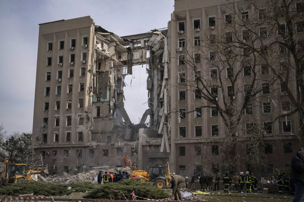 The regional government headquarters of Mykolaiv, Ukraine, following a Russian attack, on Tuesday, March 29, 2022. Ukrainian President Volodymyr Zelenskyy says seven people were killed in a missile strike on the regional government headquarters in the southern city of Mykolayiv. (AP Photo/Petros Giannakouris)