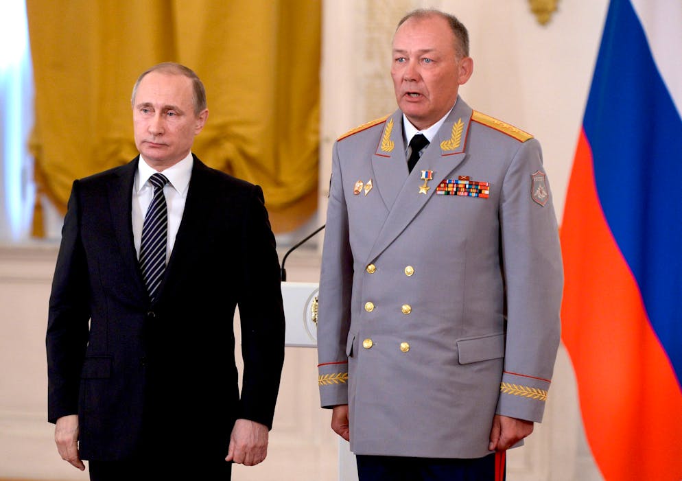 In this photo taken on March 17, 2016, Russian President Vladimir Putin, left, poses with Col. Gen. Alexander Dvornikov during an awarding ceremony in Moscow's Kremlin, Russia. Russia has appointed a new Ukraine war commander. A top U.S. official on Sunday, April 10, 2022 said Russia named Gen. Dvornikov as commander of an armed campaign that Russian authorities still refer to as a “special military operation.