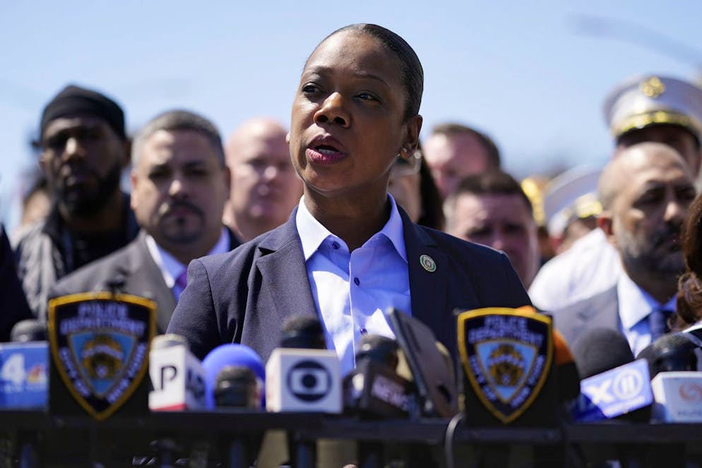 New York City Police Commissioner Keechant Sewell speaks at a news conference in the Brooklyn borough of New York, Tuesday, April 12, 2022. Multiple people were shot Tuesday morning at a subway station in Brooklyn, law enforcement sources said. (AP Photo/John Minchillo)