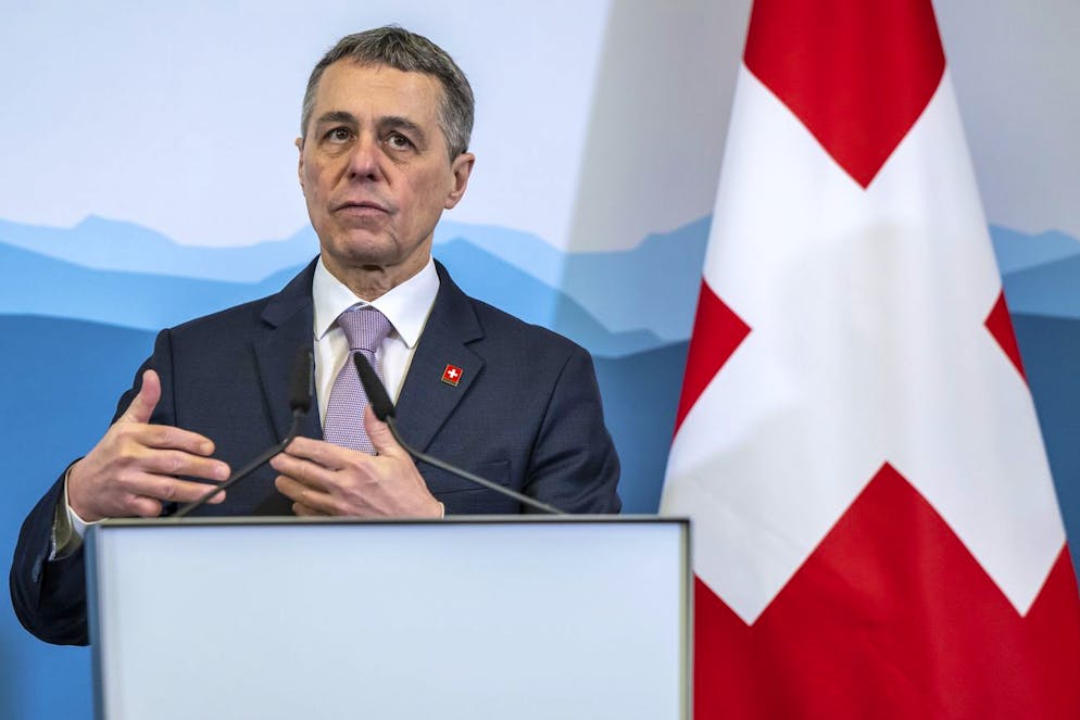 Switzerland's President and head of the Federal Department of Foreign Affairs Ignazio Cassis, speaks during a press briefing at the Uni Dufour University of Geneva, during an official visit of president of Croatia, in Geneva, Switzerland, Thursday, April 07, 2022. (KEYSTONE/Martial Trezzini).