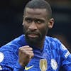 Chelsea's Antonio Rudiger celebrates after scoring his side's first goal during the English Premier League soccer match between Chelsea and Brentford, at the Stamford Bridge stadium in London, Saturday, April 2, 2022. (AP Photo/Ian Walton)