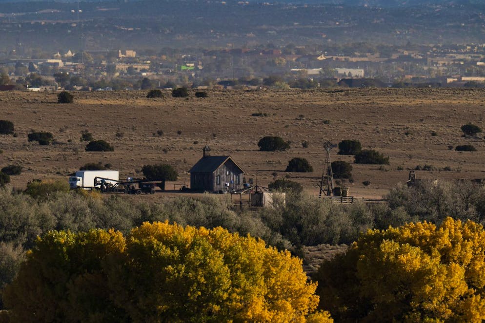 A film set at the Bonanza Creek Ranch appears in Santa Fe, N.M., Monday, Oct. 25, 2021. A camera operator told authorities that Alec Baldwin had been careful with weapons on the set of the film 