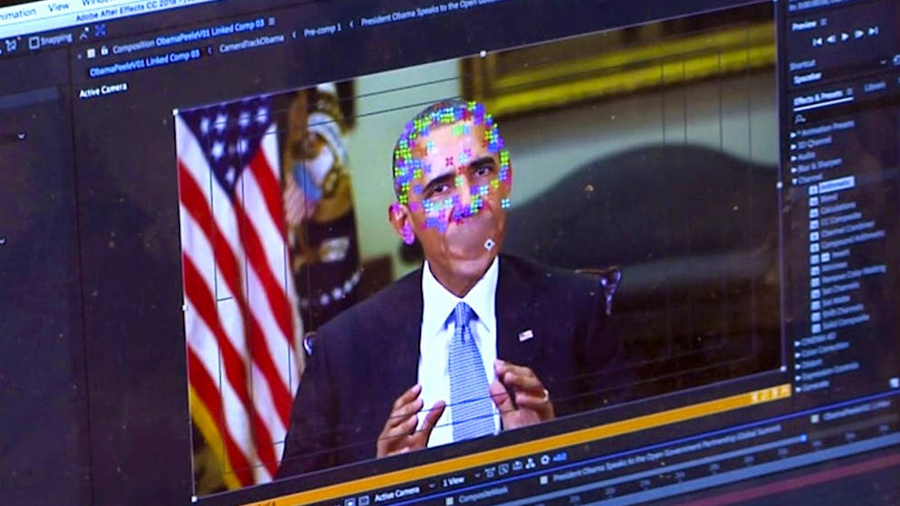 This image made from video of a fake video featuring former President Barack Obama shows elements of facial mapping used in new technology that lets anyone make videos of real people appearing to say things they've never said. There is rising concern that U.S. adversaries will use new technology to make authentic-looking videos to influence political campaigns or jeopardize national security. (AP Photo)