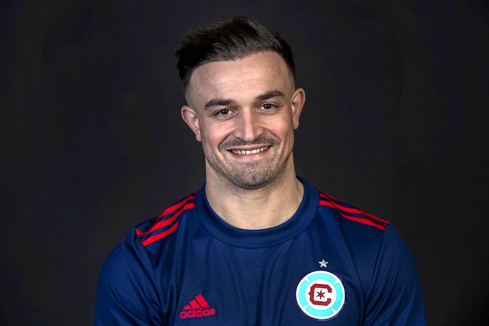 HANDOUT - Midfielder Xherdan Shaqiri poses in the new dress of the Chicago Fire Football Club of USA's Major League Soccer (MLS) in Basel, Switzerland, on Sunday, February 6, 2022. (Chicago Fire FC/KEYSTONE/Georgios Kefalas) +++ EDITORIAL USE ONLY, NO SALES, NO ARCHIVES - MAY ONLY BE USED IN CONNECTION WITH THE EVENT DEPICTED - MAY ONLY BE PUBLISHED WITH FULL CITATION OF THE SOURCE