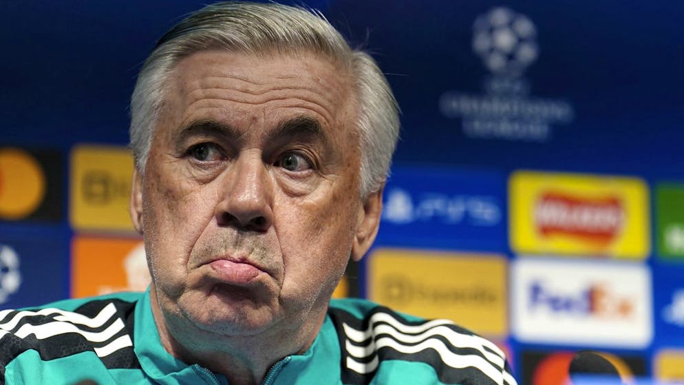 Real Madrid manager Carlo Ancelotti speaks during a press conference at the Etihad Stadium, Manchester, England, Monday April 25, 2022, ahead of the Champions League semifinal match against Manchester City on Tuesday. (Martin Rickett/PA via AP)