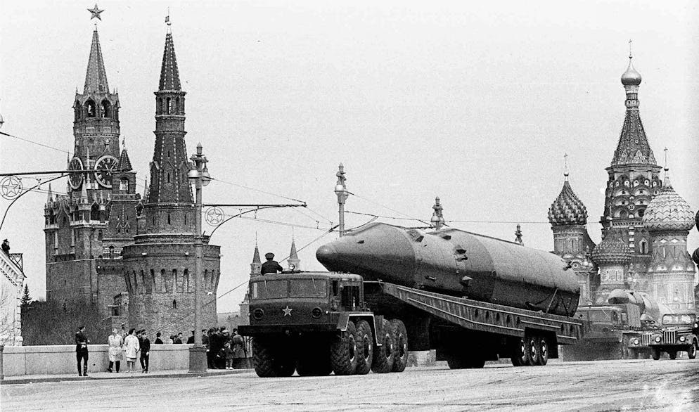 FILE -- An Intercontinental Ballistic Missile is paraded on Moscow's Red Square during a parade May 9, 1965 marking Victory in Europe day. In a goodwill gesture to former Cold War foes, President Boris Yeltsin promised Tuesday May 27, 1997 that Moscow will no longer aim missiles at NATO allies. Western leaders called it a surprise, but