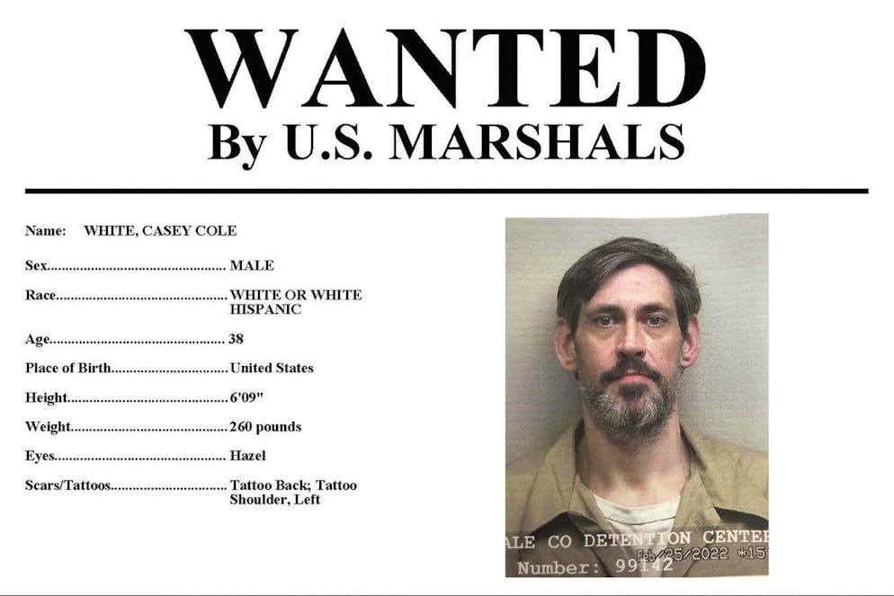 This image provided by the U.S. Marshals Service on Sunday, May 1, 2022 shows part of a wanted poster for Casey Cole White. On Sunday, the U.S. Marshals announced it is offering up to $10,000 for information about escaped inmate Casey Cole White, 38, and a âÄœmissing and endangeredâÄ correctional officer, Vicky White, 56, who disappeared Friday after they left the Lauderdale County Detention Center in Florence, Ala. (U.S. Marshals Service via AP)