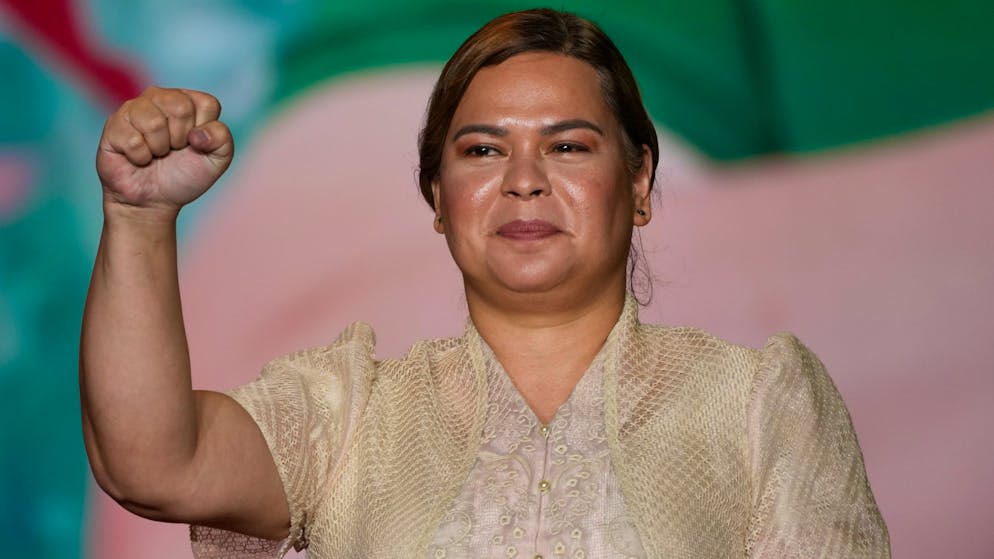 Vice-presidential hopeful, Davao City Mayor Sara Duterte gestures during their last campaign rally known as