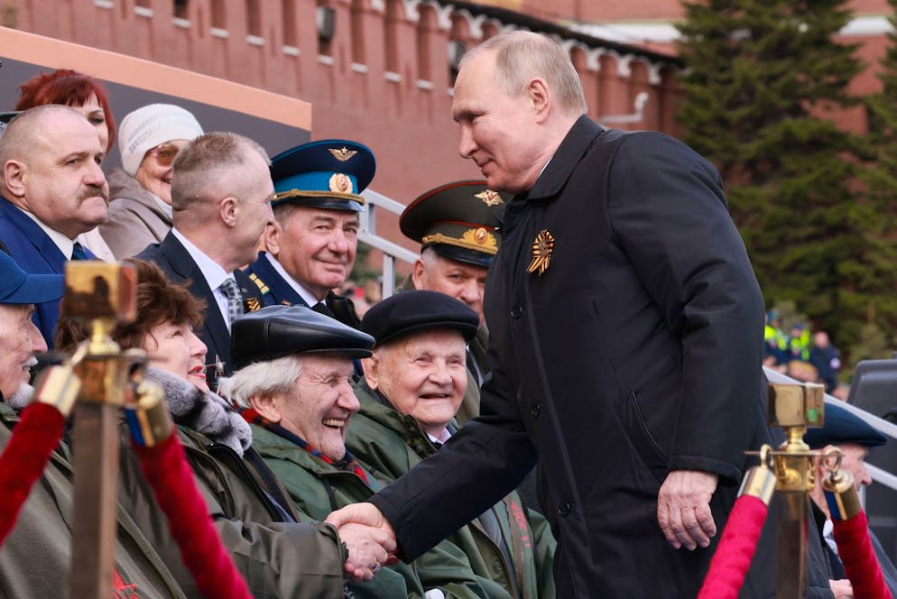 Russian President Vladimir Putin arrives to attend the Victory Day military parade marking the 77th anniversary of the end of World War II in Moscow, Russia, Monday, May 9, 2022. (Mikhail Metzel, Sputnik, Kremlin Pool Photo via AP)